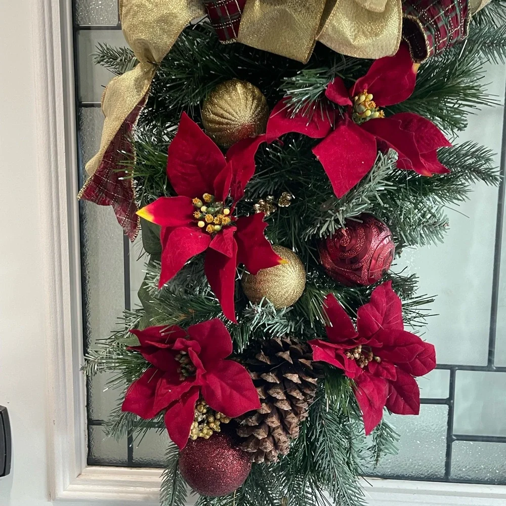 **Burgundy Poinsettia Christmas Teardrop Swag Wreath Front door